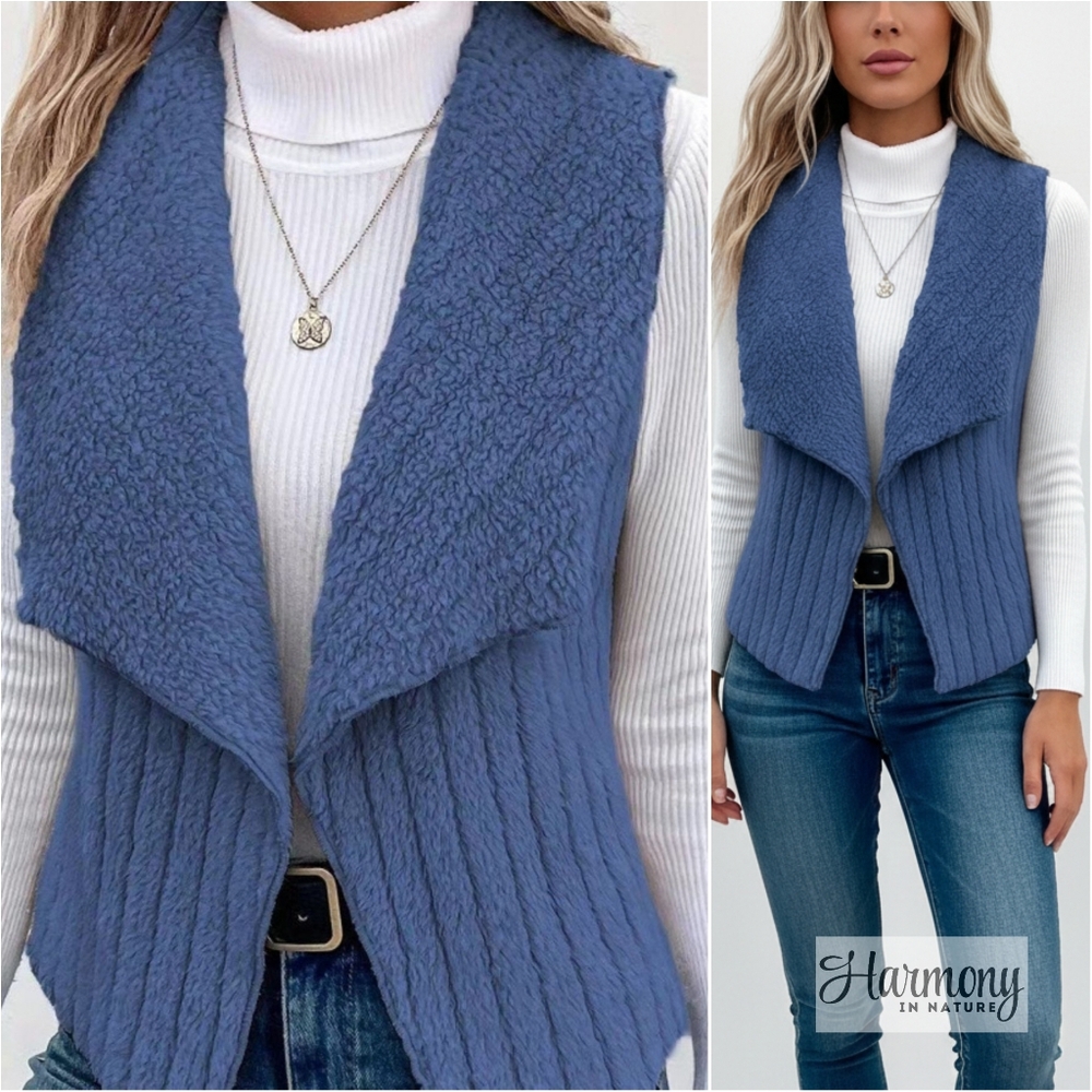 Brynn Fleece Open Front Vest - Blue